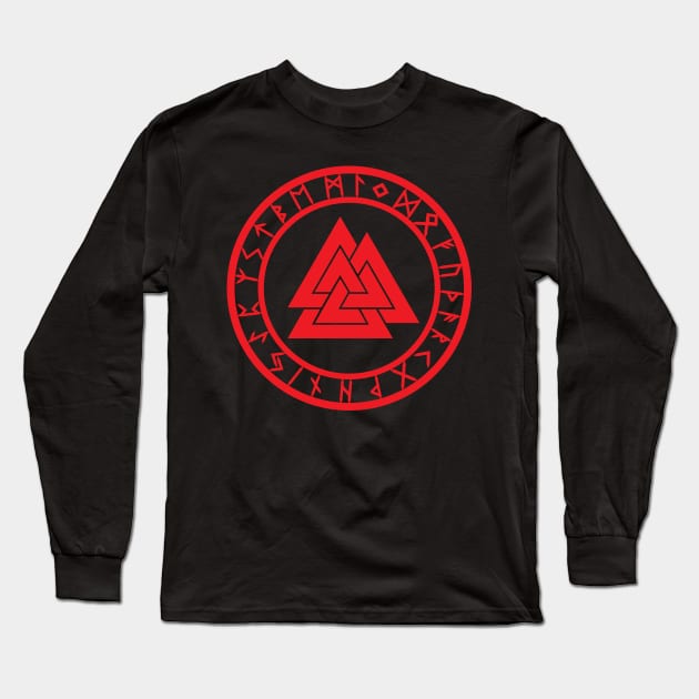 Valknut II /// Rune Circle Red Long Sleeve T-Shirt by Gumless